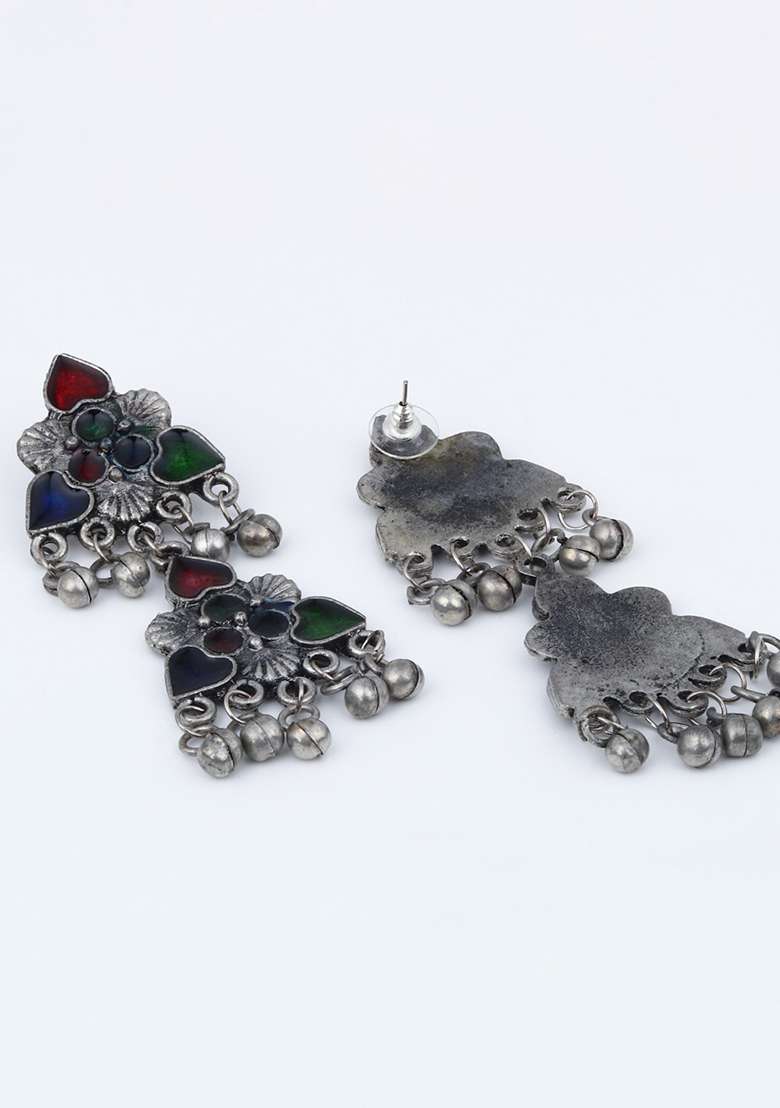 Silver Oxidised Finish Meenakari Jewellery Set   - Indya