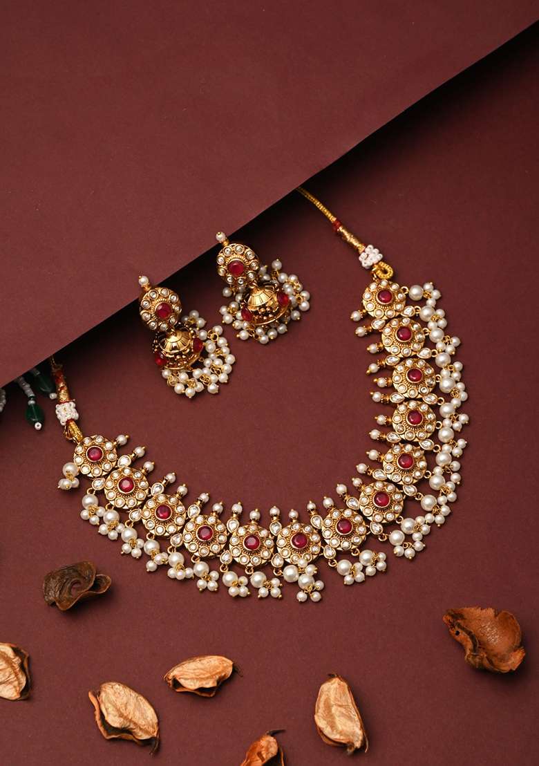 Kundan Meenakari Necklace Set Gold   1 - Indya