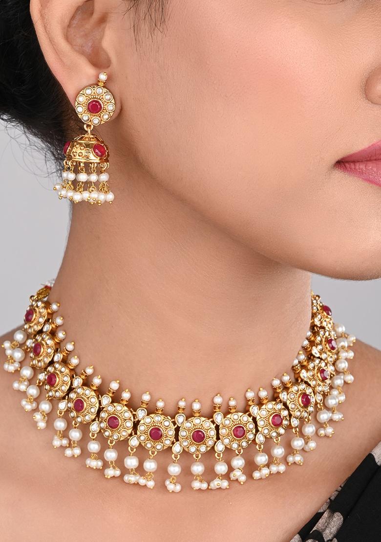 Kundan Meenakari Necklace Set Gold   1