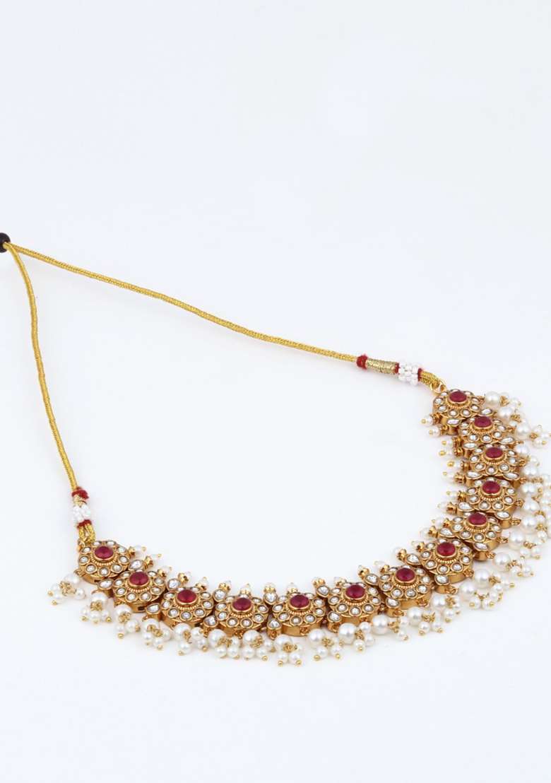 Kundan Meenakari Necklace Set Gold   1 - Indya