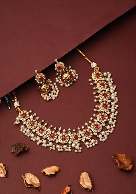 Kundan Meenakari Necklace Set Gold   1