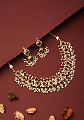 Gold Plated Kemp Stone Necklace Set With Jhumka Earrings Green