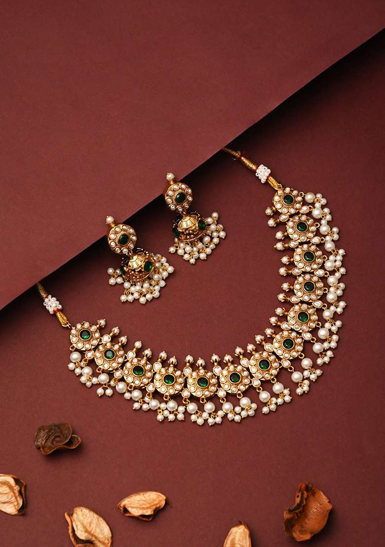 Gold Plated Kemp Stone Necklace Set With Jhumka Earrings Green - Indya
