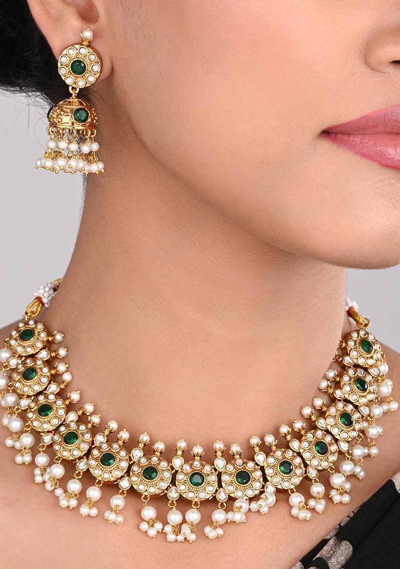 Gold Plated Kemp Stone Necklace Set With Jhumka Earrings Green