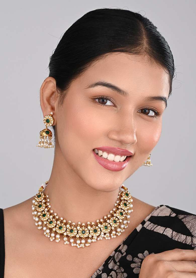Gold Plated Kemp Stone Necklace Set With Jhumka Earrings Green - Indya