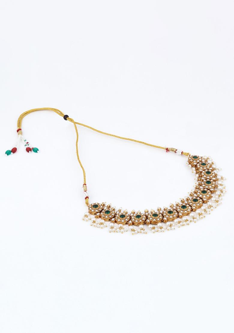 Gold Plated Kemp Stone Necklace Set With Jhumka Earrings Green