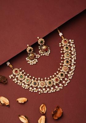 Gold Plated Kemp Stone Necklace Set With Jhumka Earrings Green  