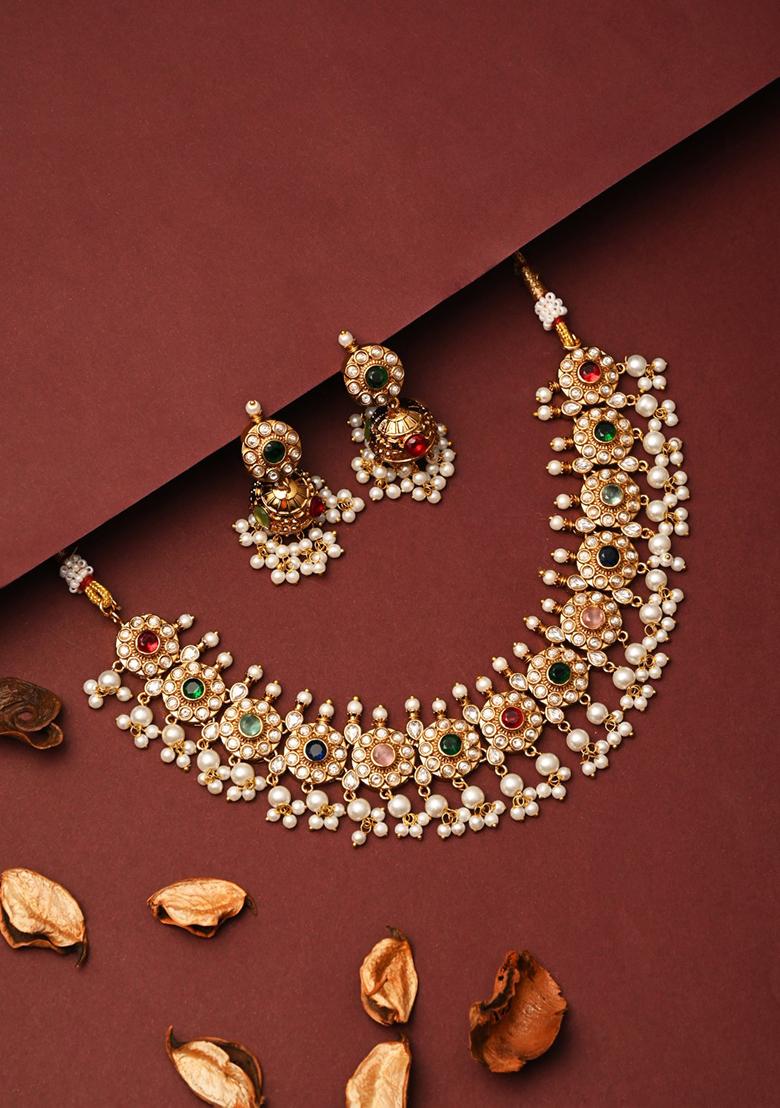 Gold Plated Kemp Stone Necklace Set With Jhumka Earrings Green  