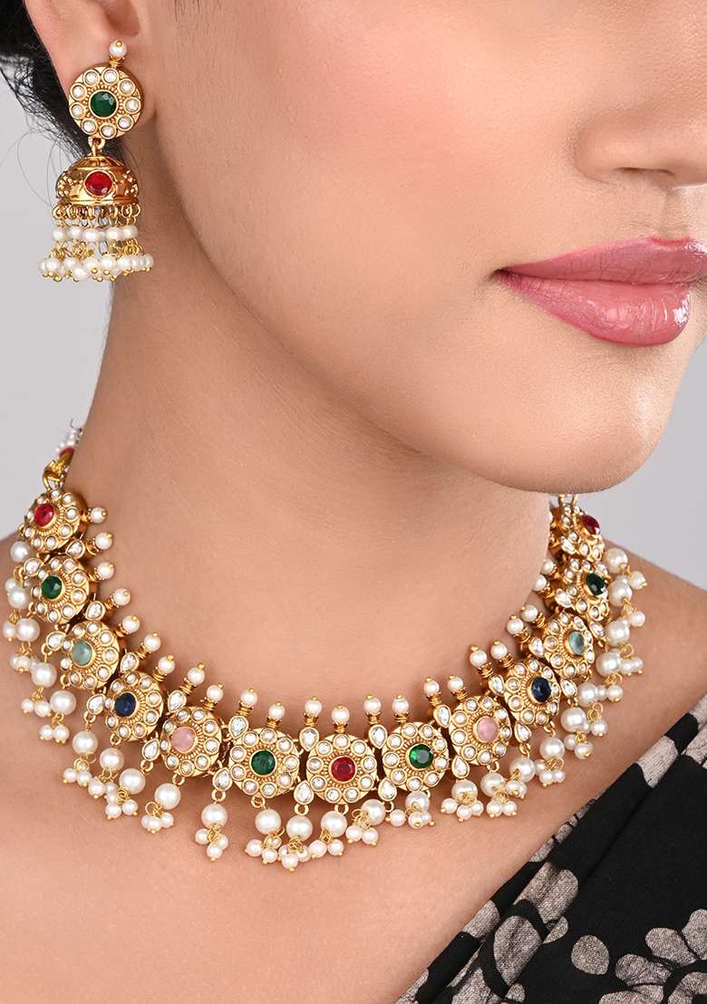 Gold Plated Kemp Stone Necklace Set With Jhumka Earrings Green   - Indya