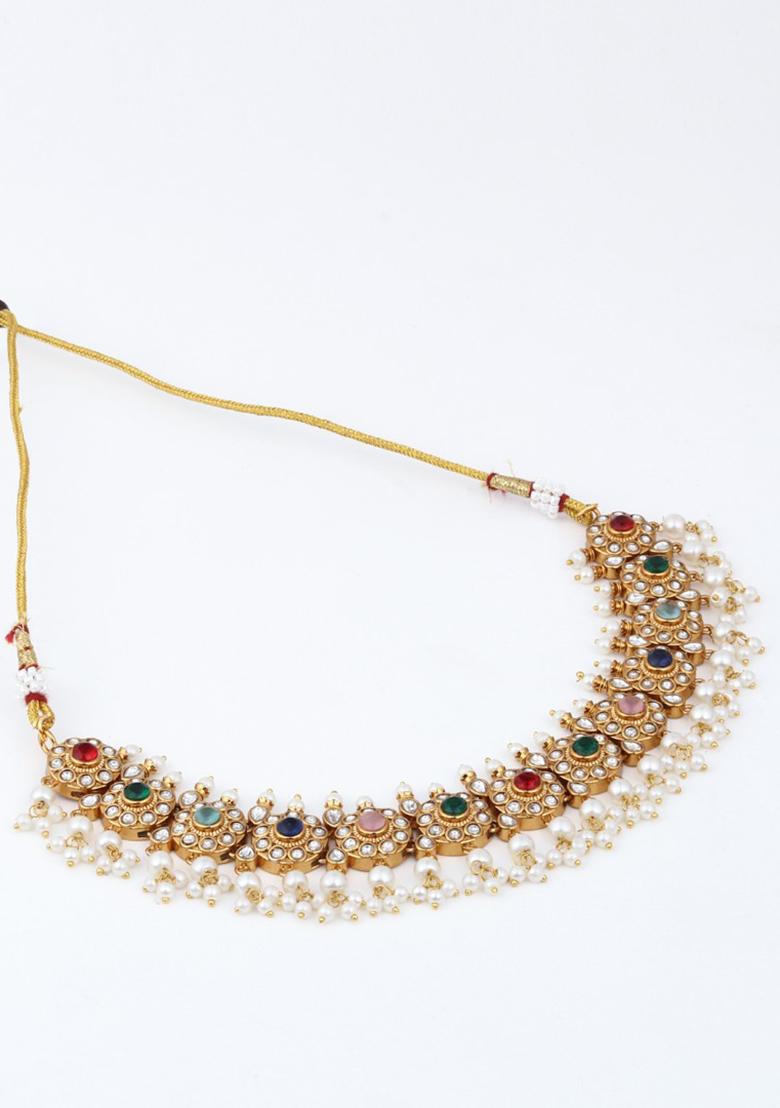 Gold Plated Kemp Stone Necklace Set With Jhumka Earrings Green  