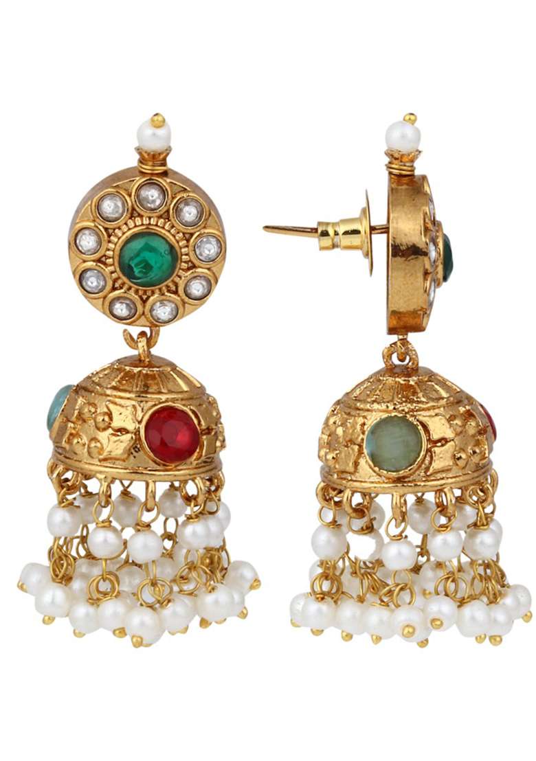 Gold Plated Kemp Stone Necklace Set With Jhumka Earrings Green   - Indya