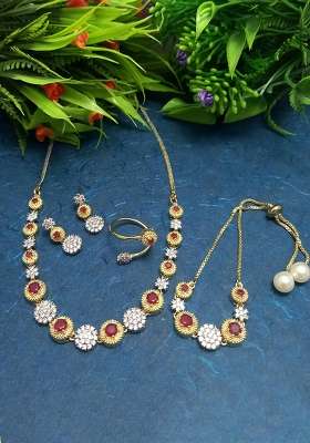 White Colour American Diamond Combo Of Necklace , Earrings , Ring Bracelet