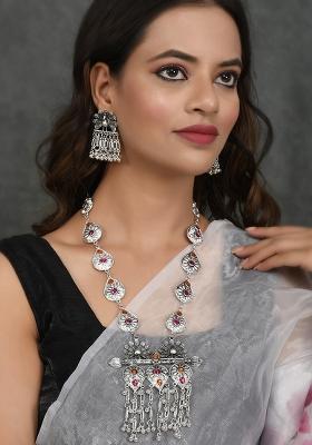 Silver Plated Handcrafted Peacock Design Long Necklace Set