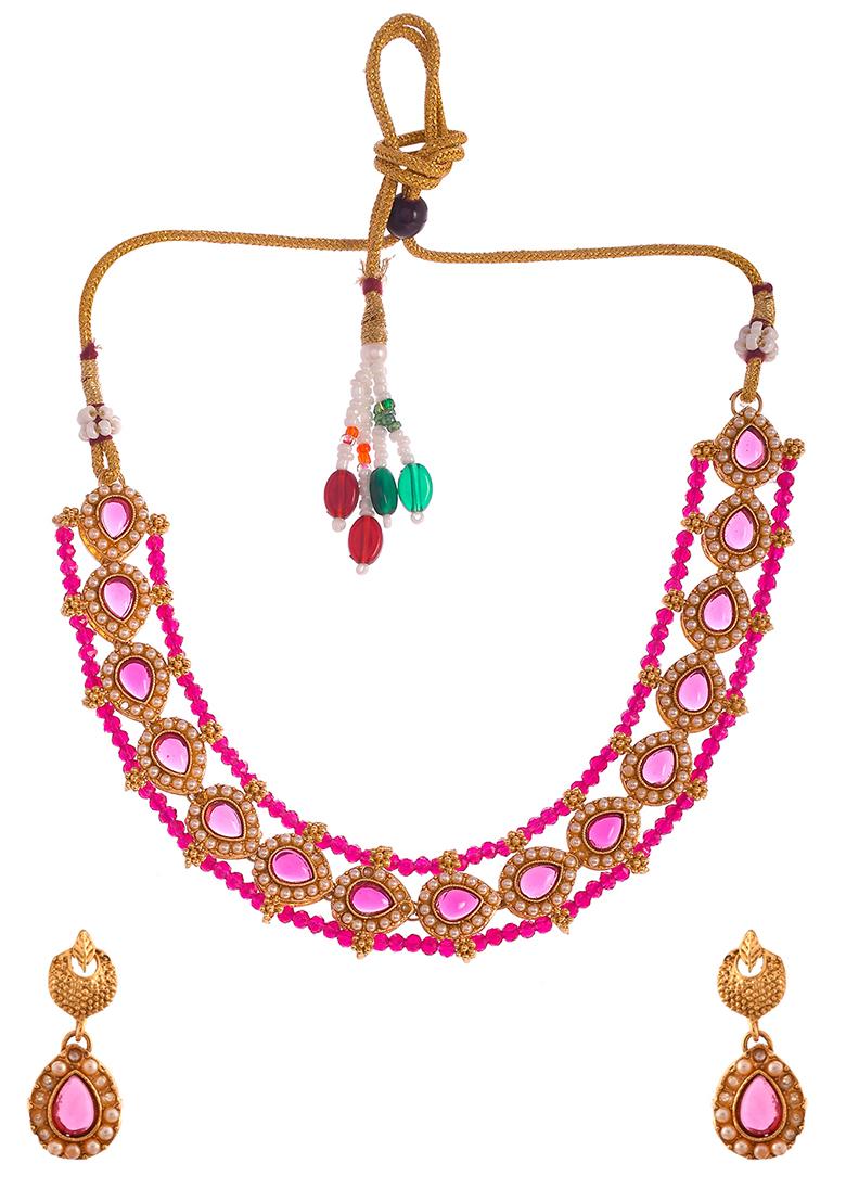 Gold Plated Pink Beaded Choker Necklace Set