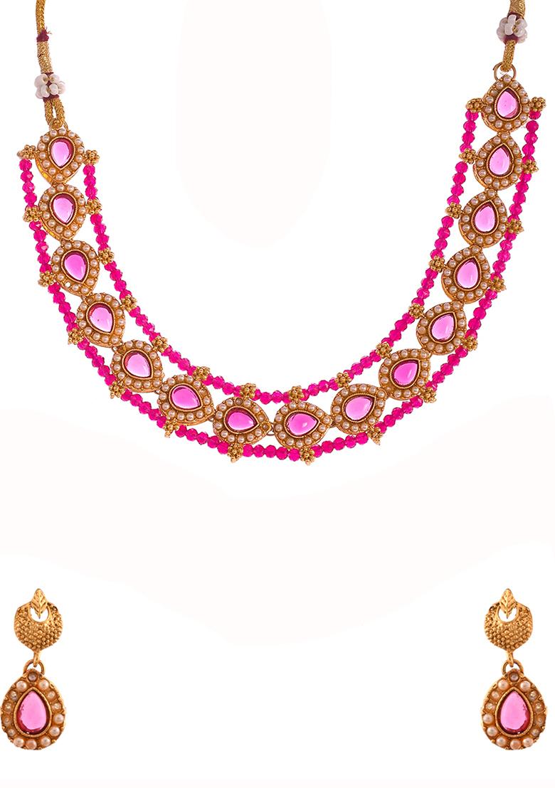 Gold Plated Pink Beaded Choker Necklace Set - Indya