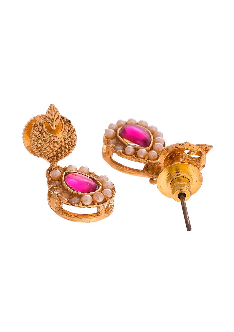 Gold Plated Pink Beaded Choker Necklace Set - Indya