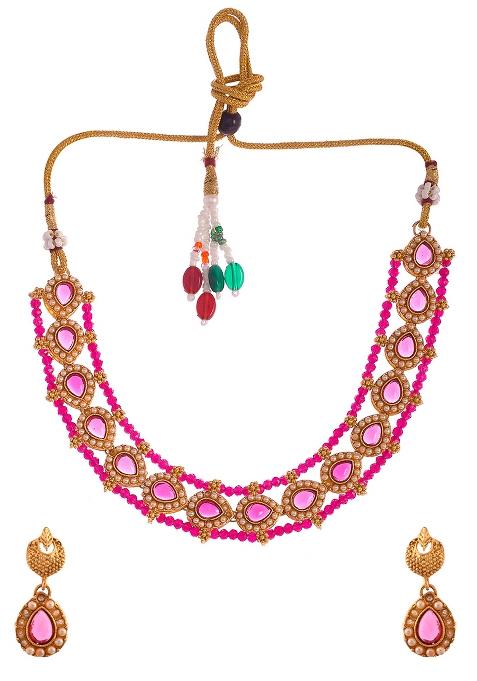 Gold Plated Pink Beaded Choker Necklace Set