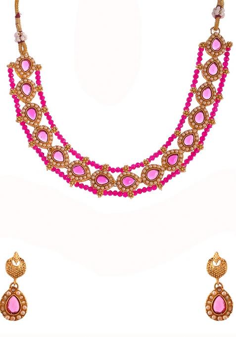 Gold Plated Pink Beaded Choker Necklace Set