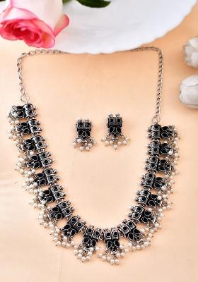 Oxidised Silver Plated Geometric Design Black Stones Necklace Set