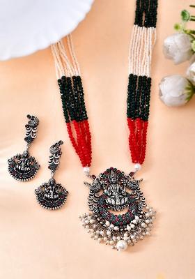 Silver Oxidised Plated Handcrafted Divine Lakshmi With Red Green Beaded Necklace Set