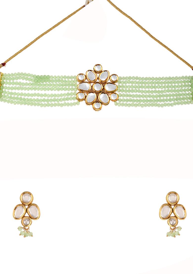 Kundan Chunky Pendant Mint Green Beads Choker Necklace Set