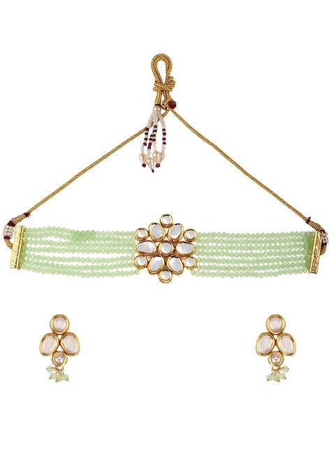 Kundan Chunky Pendant Mint Green Beads Choker Necklace Set