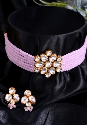 Kundan Chunky Pendant Pink Beads Choker Necklace Set