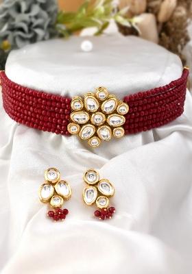 Kundan Chunky Pendant Red Beads Choker Necklace Set