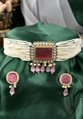 Pink Carving Stone Chunky Pendant Cheed Pearls Choker Necklace Set