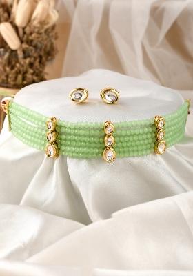 Gold Plated Kundan Studded Mint Beaded Strings Choker Necklace Set