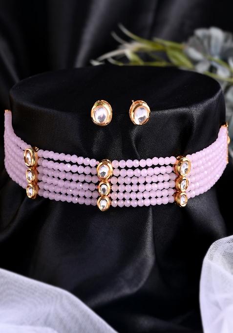 Gold Plated Kundan Studded Pink Beaded Strings Choker Necklace Set