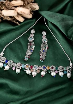 Colorful Ad Stones Studded Silver Plated Choker Necklace Set