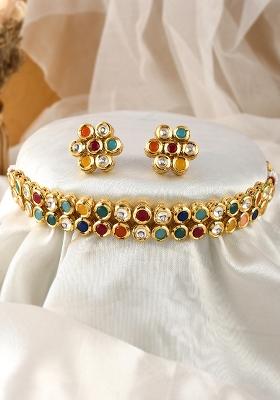 Colorful Kundan Stones Gold Plated Choker Necklace Set