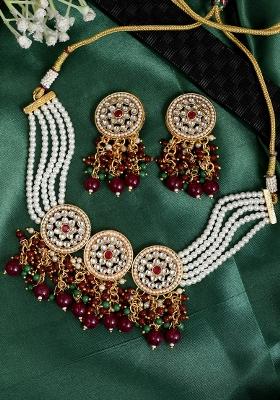Kundan With Pearl Chain Necklace Set With Red Stone Tassel Drops