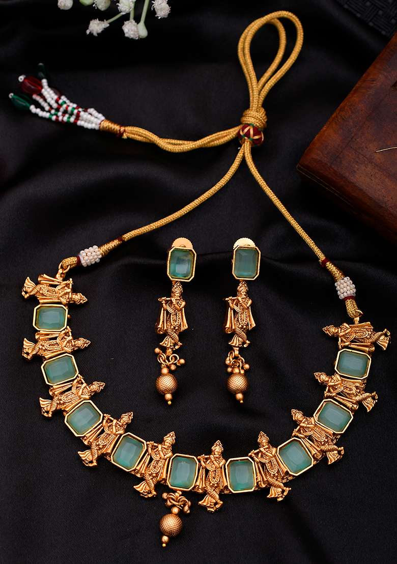 Krishna Design In Gold Plated Green Necklace Set - Indya