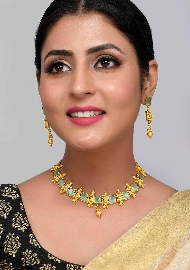 Krishna Design In Gold Plated Green Necklace Set - Indya