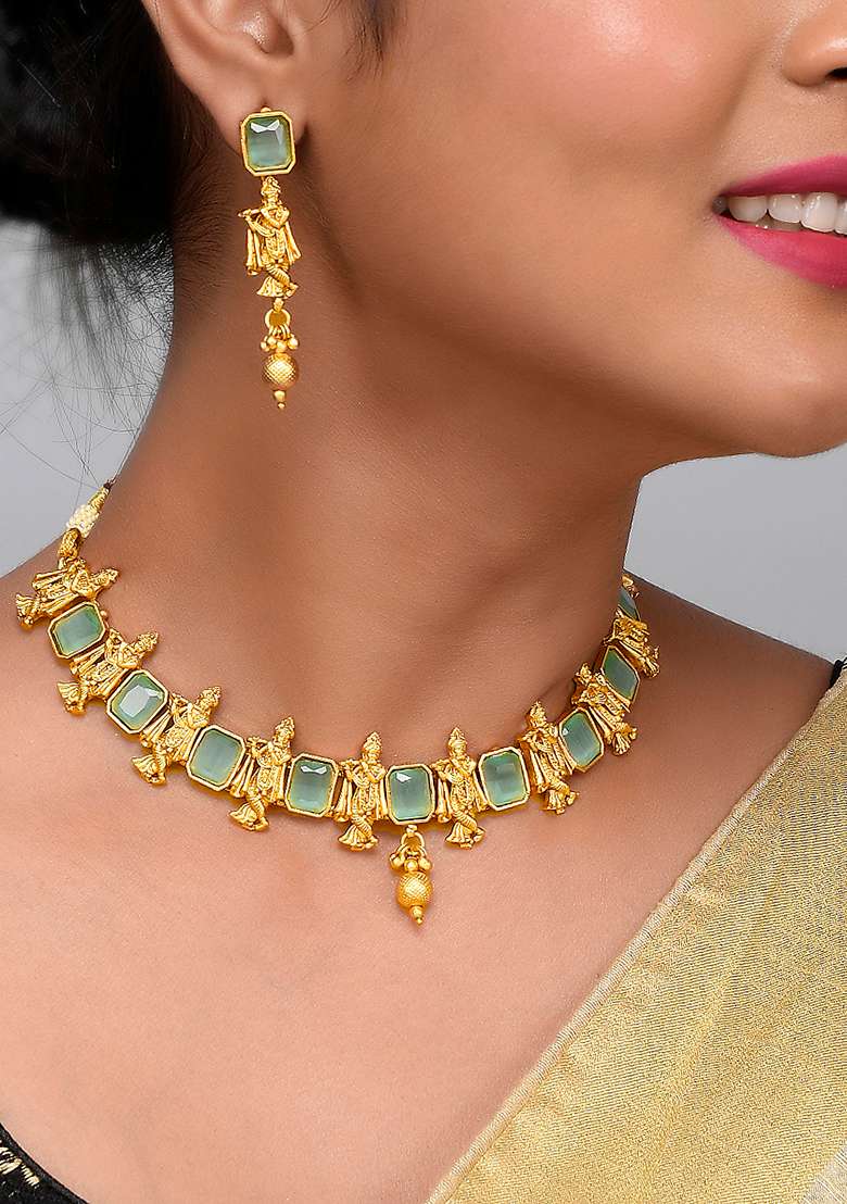 Krishna Design In Gold Plated Green Necklace Set - Indya
