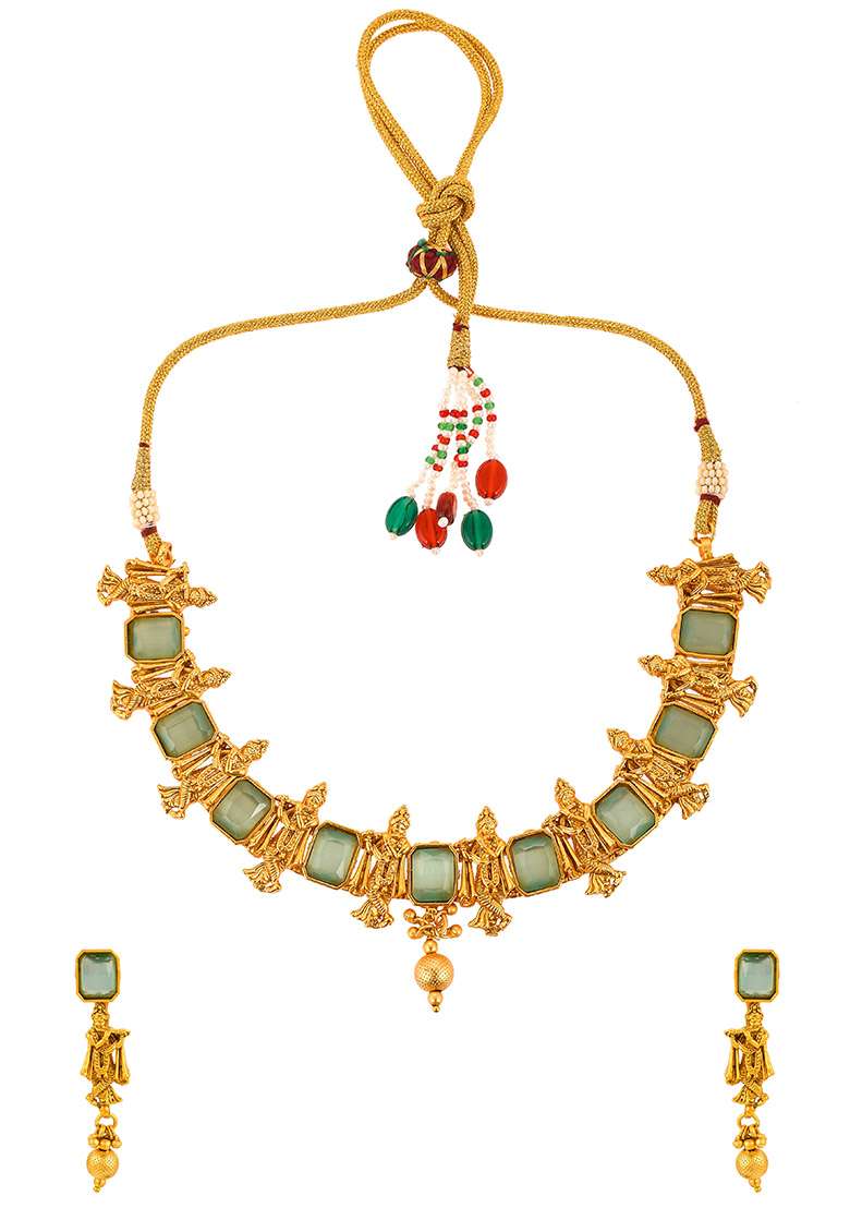 Krishna Design In Gold Plated Green Necklace Set - Indya