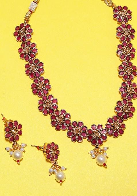Ruby Floral Designed Necklace Set