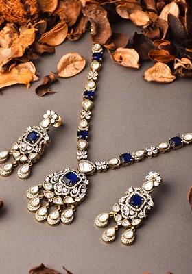 Gold Plated Kundan Sapphire Studded Jewellery Set
