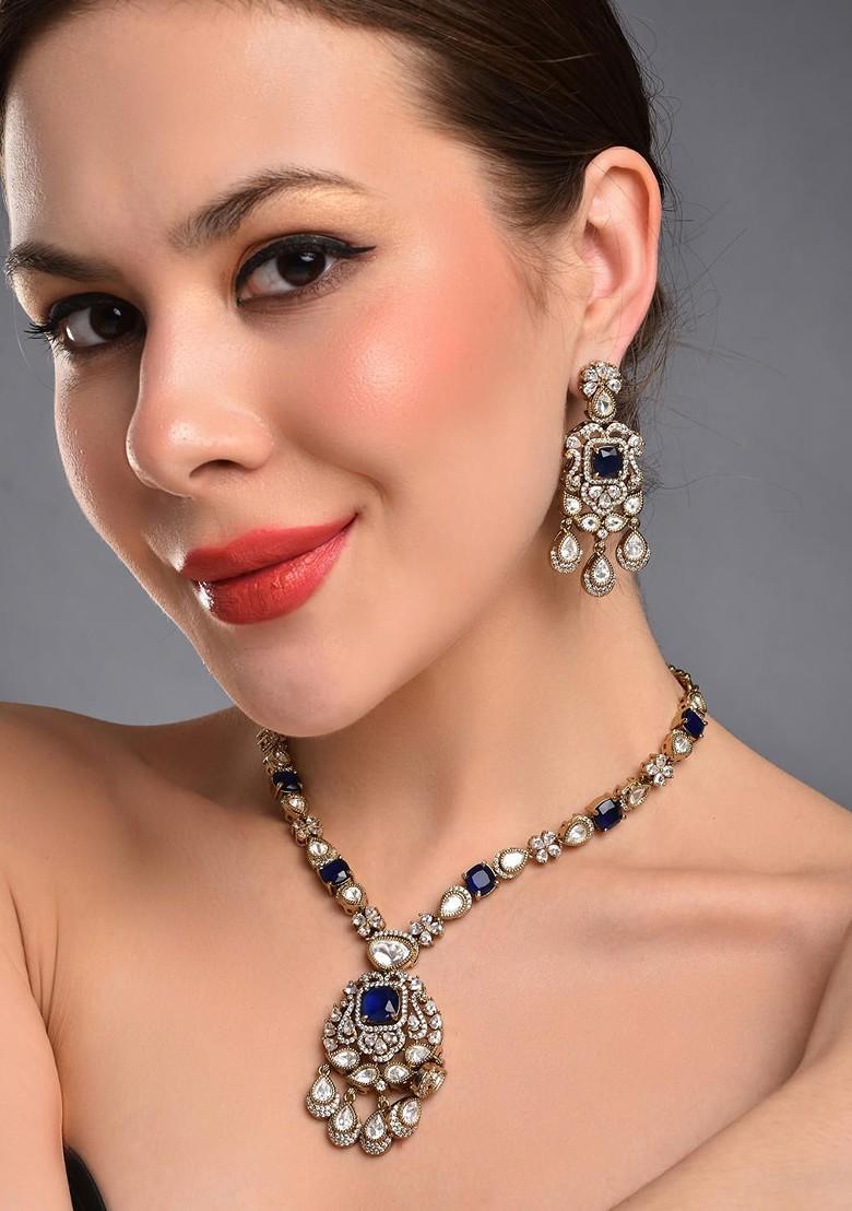 Gold Plated Kundan Sapphire Studded Jewellery Set - Indya