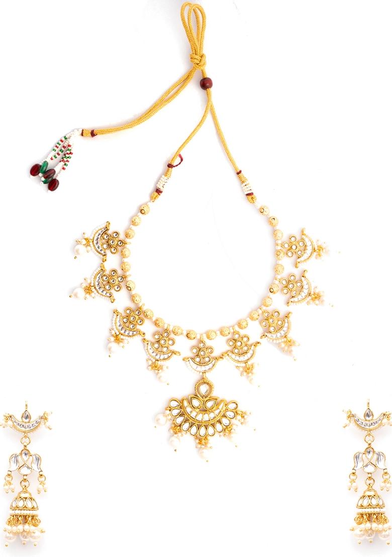 Gold Plated Artificial Stones Studded and Beaded Jewellery Set