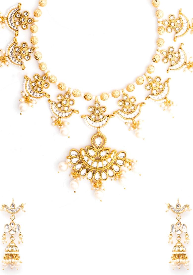 Gold Plated Artificial Stones Studded and Beaded Jewellery Set