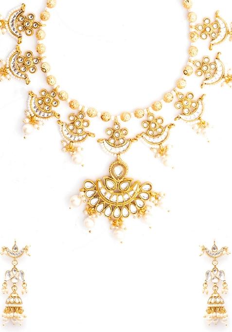 Gold Plated Artificial Stones Studded and Beaded Jewellery Set