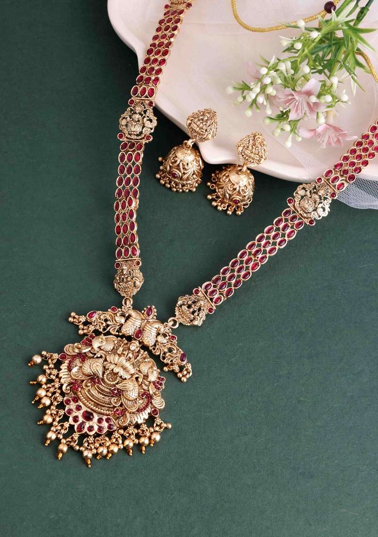 Gold Plated Cubic Zirconia Studded Necklace and Earrings - Indya