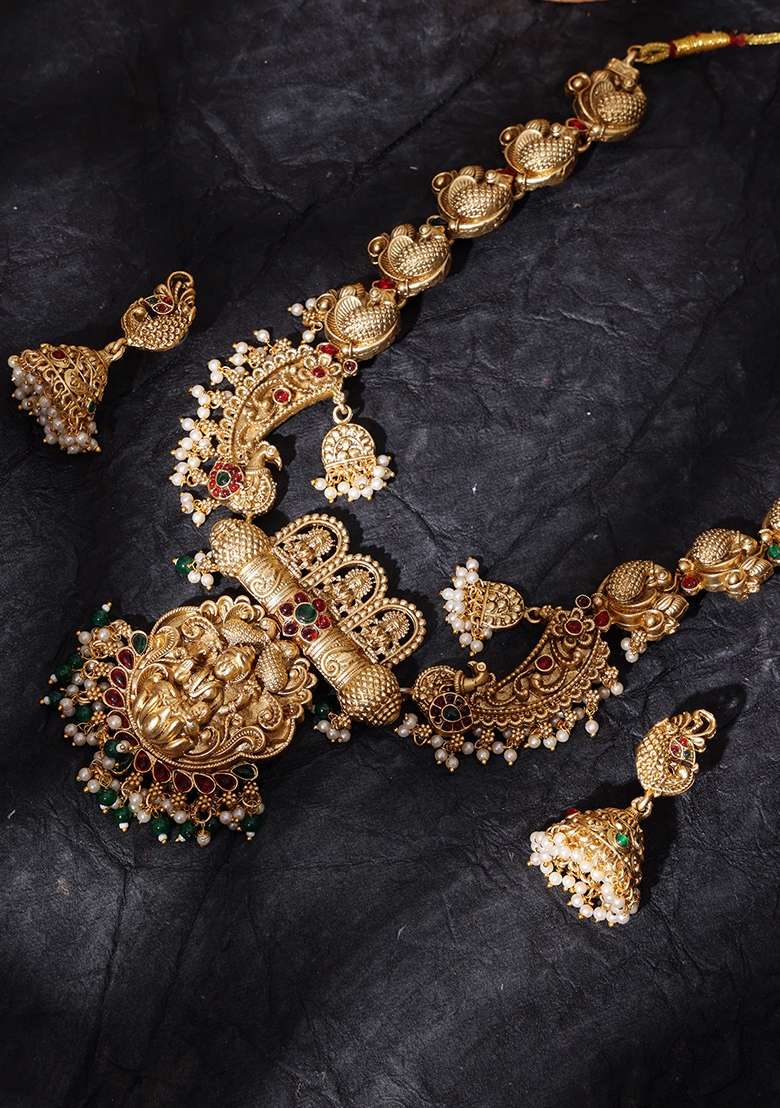 Gold Plated Stone Studded and Beaded Jewellery Set - Indya