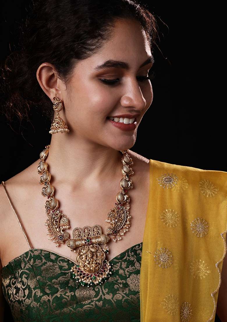 Gold Plated Stone Studded and Beaded Jewellery Set - Indya