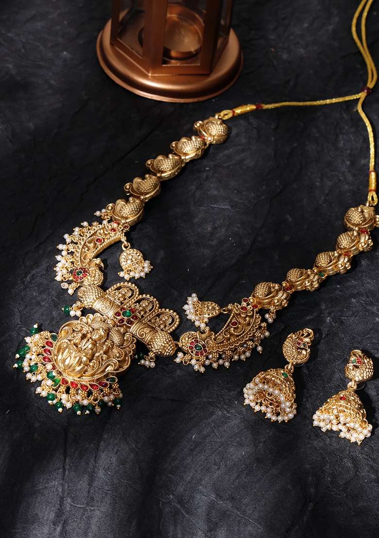 Gold Plated Stone Studded and Beaded Jewellery Set - Indya