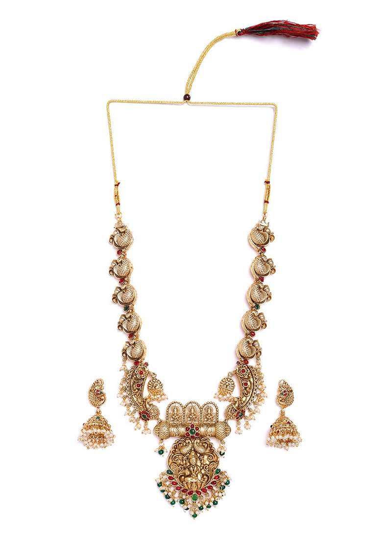 Gold Plated Stone Studded and Beaded Jewellery Set - Indya