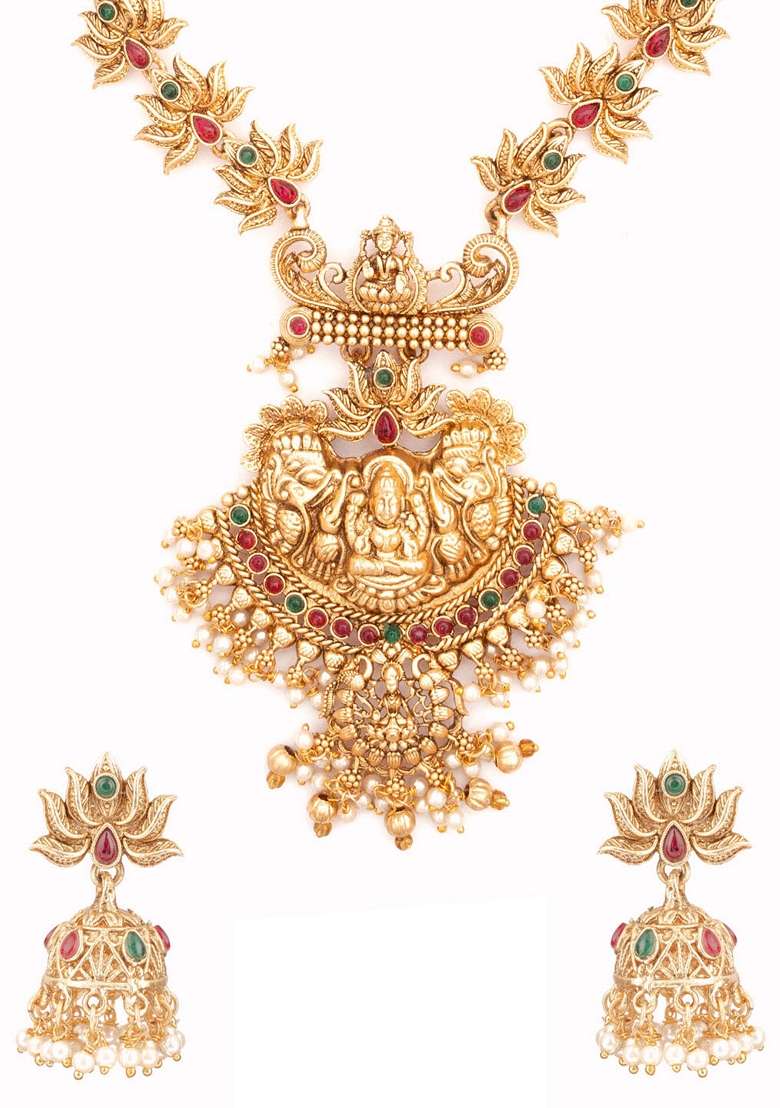 Gold Plated Kundan Stone Studded and Beaded Laxmi Design Jewellery Set - Indya